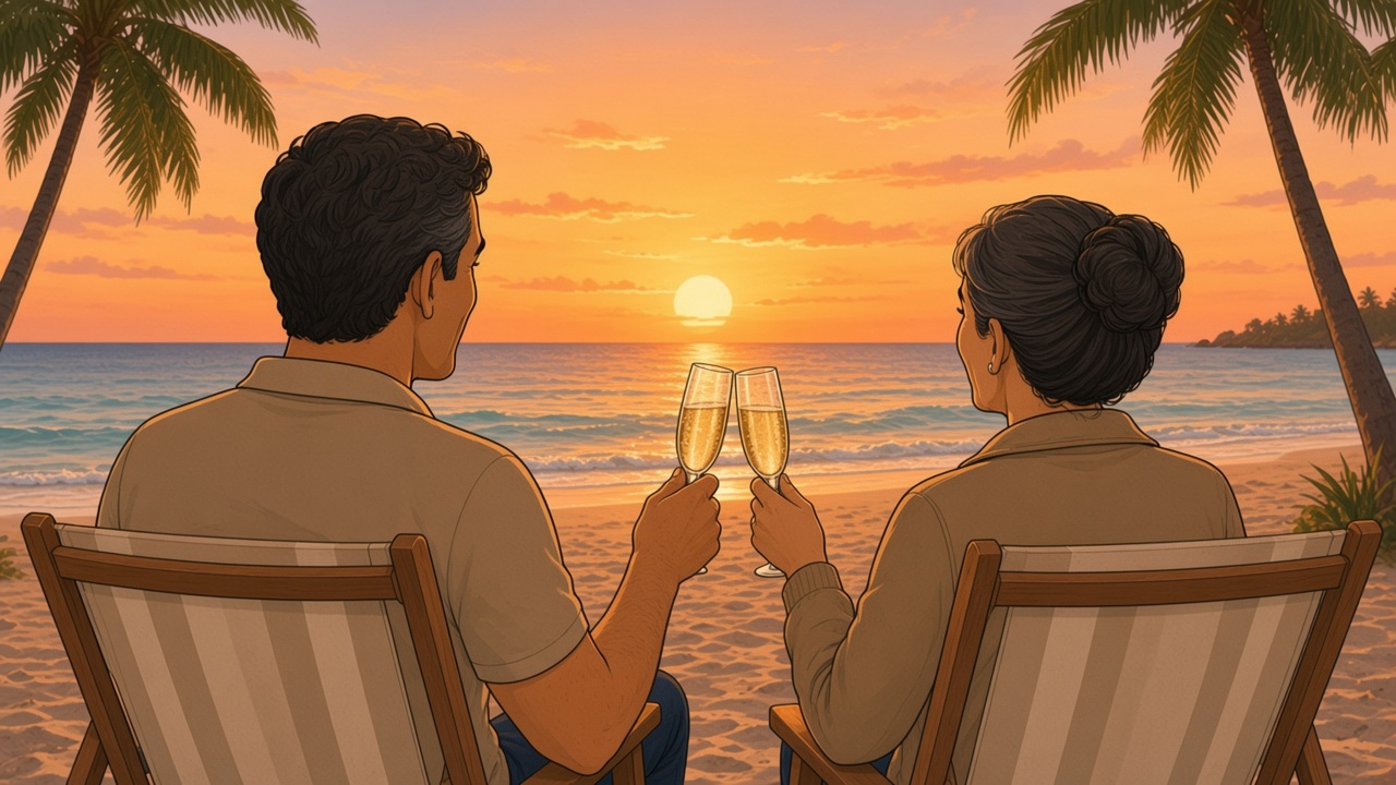 Two people toasting with champagne on a beach at sunset